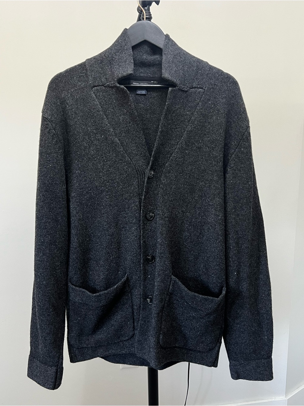 French Connection Men's Knit Button Cardigan Charcoal Grey Grandpacore Jacket XL